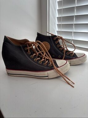 Converse Black High-Top Wedge Sneakers with Tan Laces